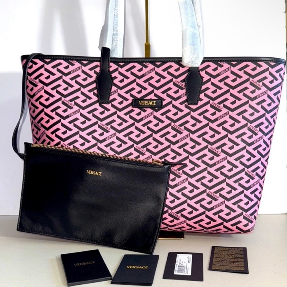 Versace La Greca Signature Tote Geometric Pink and Black Tote NWT!